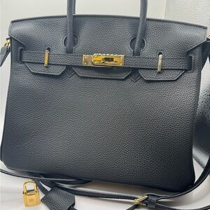 Hermes style black leather handbag with gold hardware 30 cm.